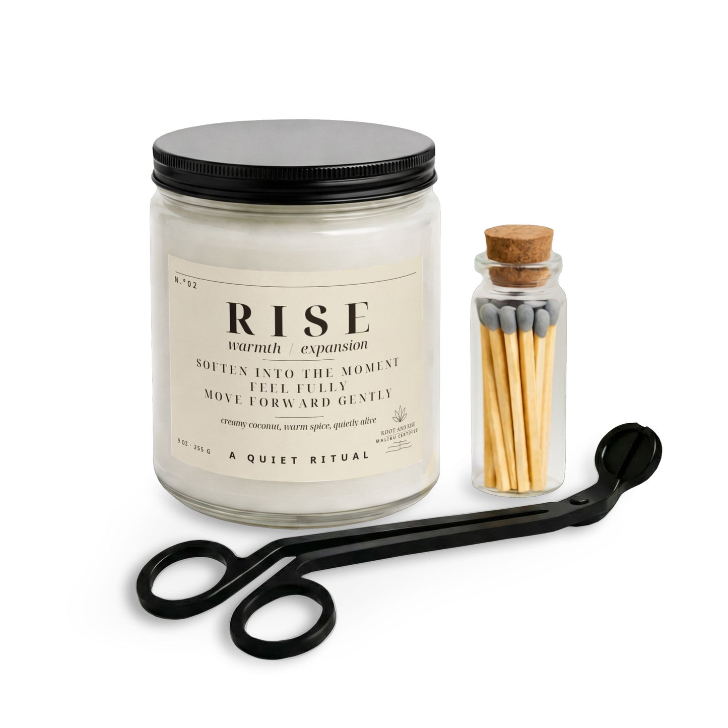 Rise scented candle set with matches and wick trimmer | soy jar candle, warm cozy scent