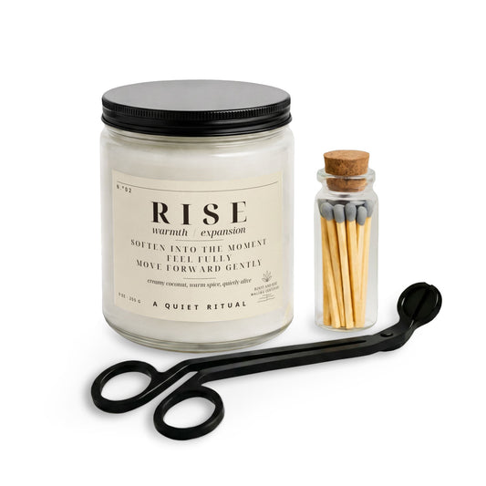 Rise scented candle set with matches and wick trimmer | soy jar candle, warm cozy scent