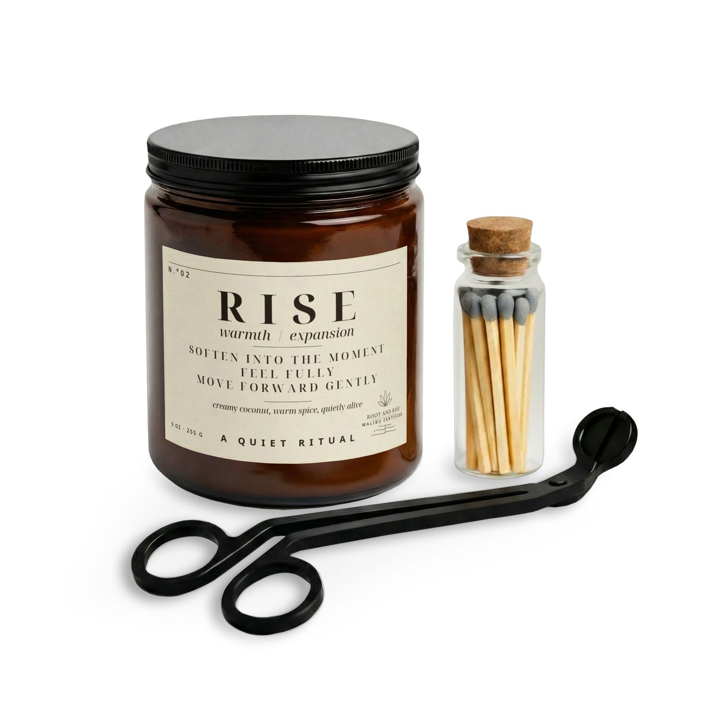 Rise scented candle set with matches and wick trimmer | soy jar candle, warm cozy scent